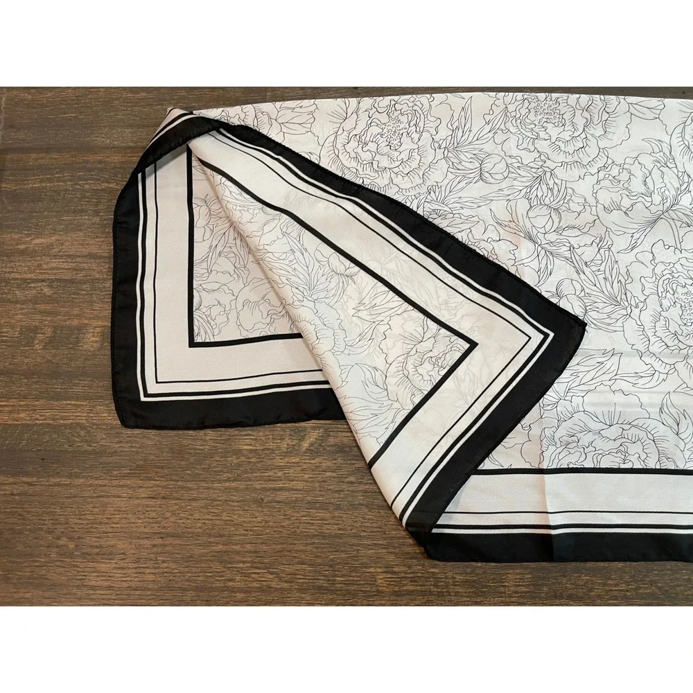Black and White Peony Floral Square Scarf Line Art Print Striped Border 34x34